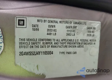 2000 Buick Century Custom from USA, damaged, VIN 2G4WS52J4Y1165004